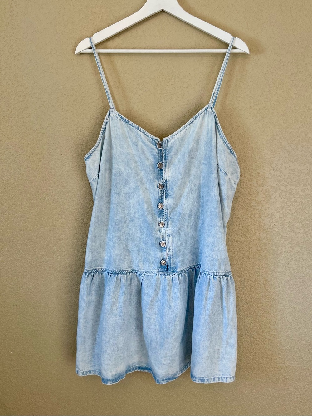 American Eagle Light Blue Denim Tiered Sun Dress Mini Button Front Size XL Cute